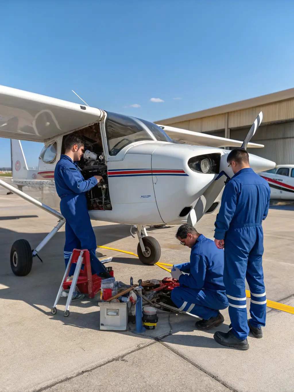 A high-resolution photograph capturing a group of ASS-AEROECHOKILO members participating in a pre-flight check of a small aircraft at the Gap-Tallard Aerodrome, showcasing teamwork and attention to detail.