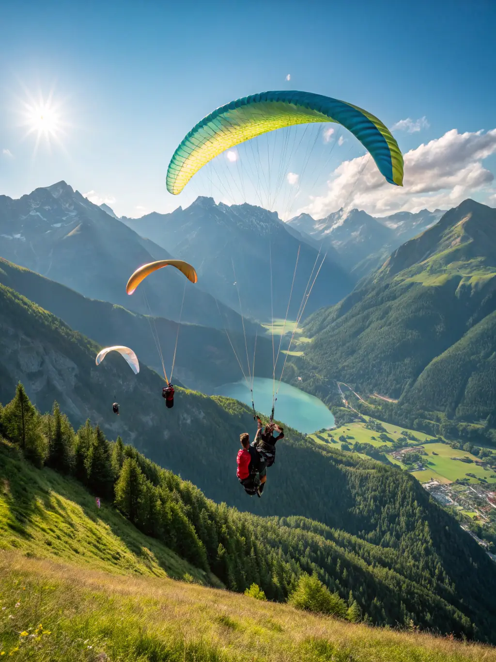 A dynamic image of ASS-AEROECHOKILO members paragliding over the French Alps, with vibrant colors and clear skies, emphasizing the thrill and beauty of mountain pursuits.